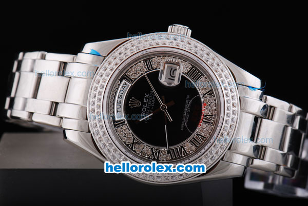 Rolex Day-Date Oyster Perpetual Automatic Full Diamond Bezel with Black and Diamond Dial,Roman Marking-Big Calendar - Click Image to Close